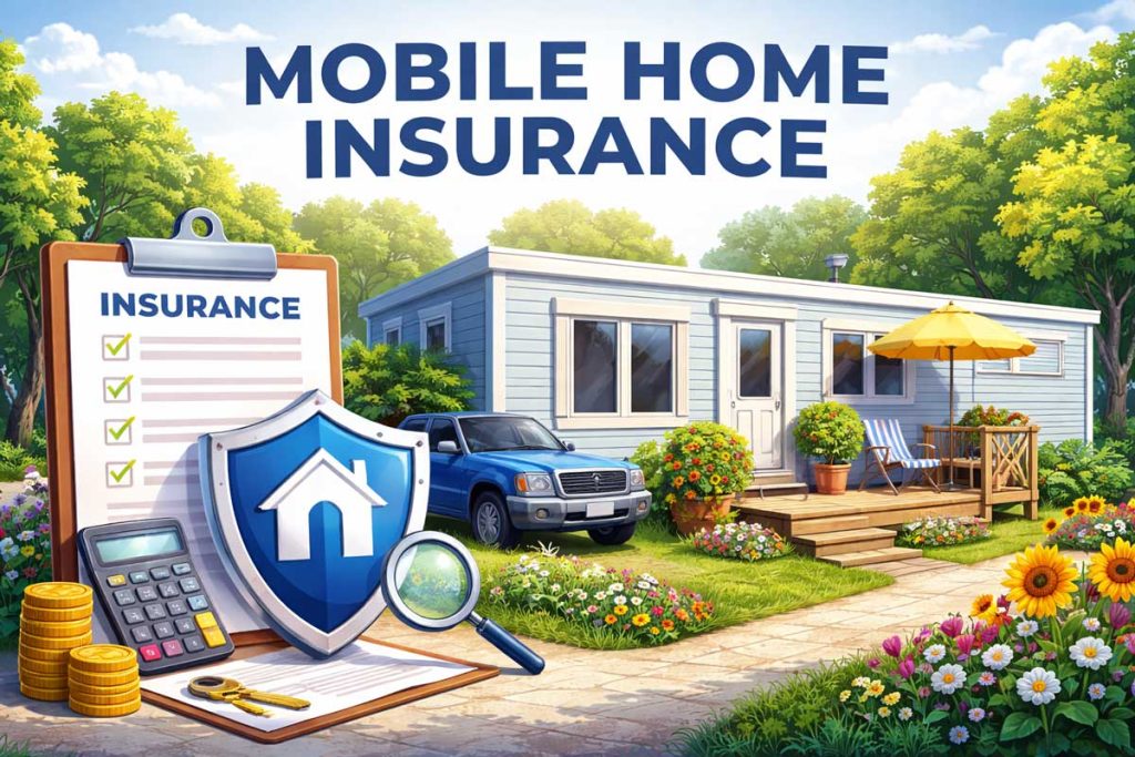 **Alt text:**
Wide illustration of a light-blue mobile home with a porch and garden, featuring insurance symbols like a clipboard, shield with house icon, calculator, and keys, representing mobile home insurance protection.