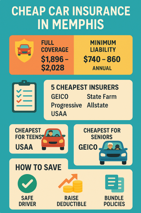Infographic showing data about the Cheapest car insurance in Memphis