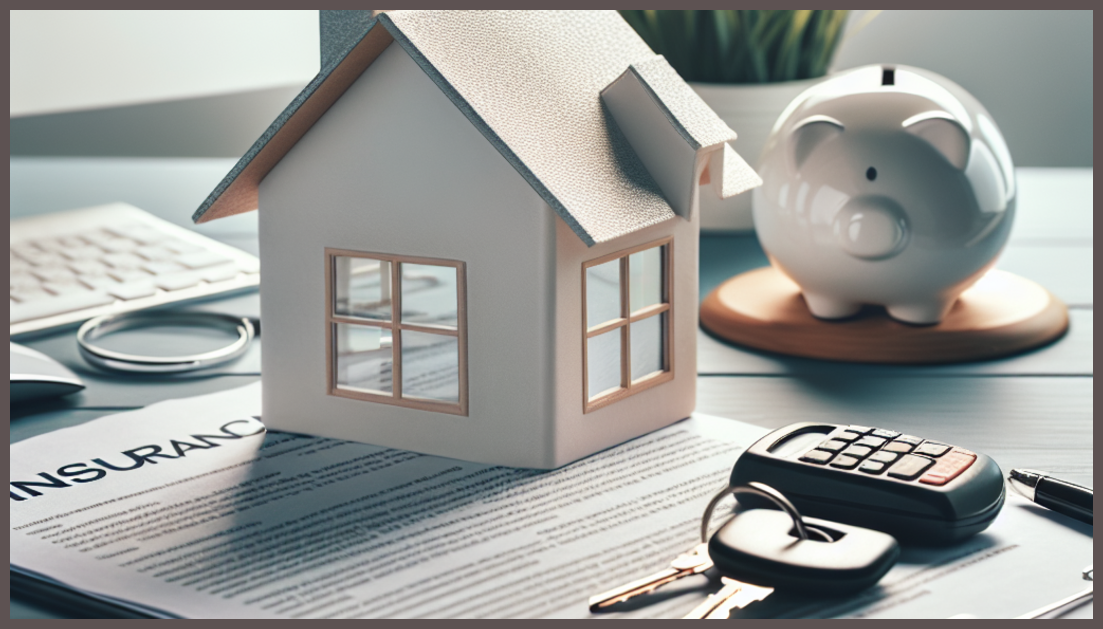 A calm office setting with insurance documents and a house symbol.