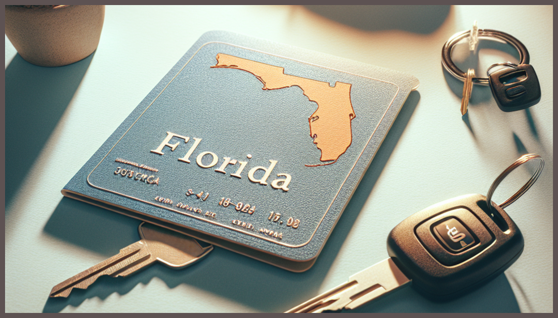 Car keys, insurance card, Florida state outline symbolizing zero down payment auto insurance
