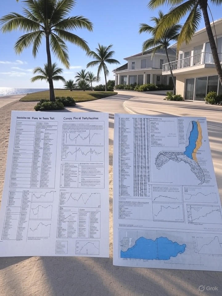 Scenic Florida coastal home with palm trees and ocean view, featuring documents on Citizens home insurance coverage with graphs, charts, and a highlighted Florida map showing premiums and risk areas.