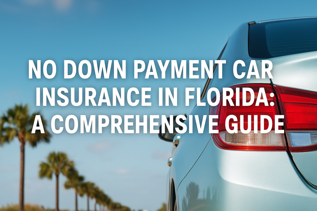Wide banner showing a silver car with a red taillight driving past palm trees under a blue Florida sky, with bold white text reading “No Down Payment Car Insurance in Florida: A Comprehensive Guide.