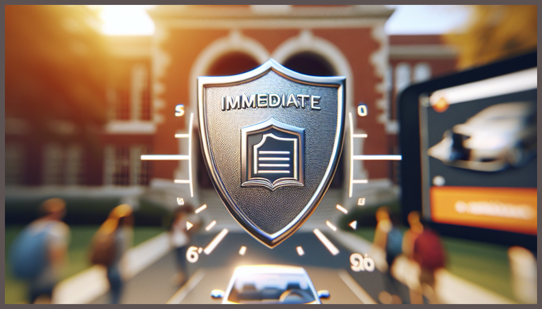 A shield symbolizing car insurance in a minimalist college setting.