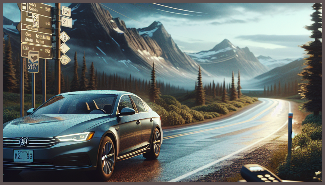 Illustration of a car with insurance symbols set against a scenic road background.