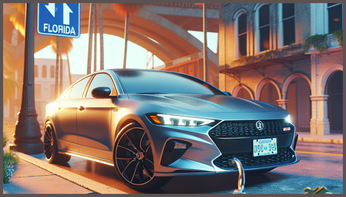 A car surrounded by insurance symbols and Florida scenery
