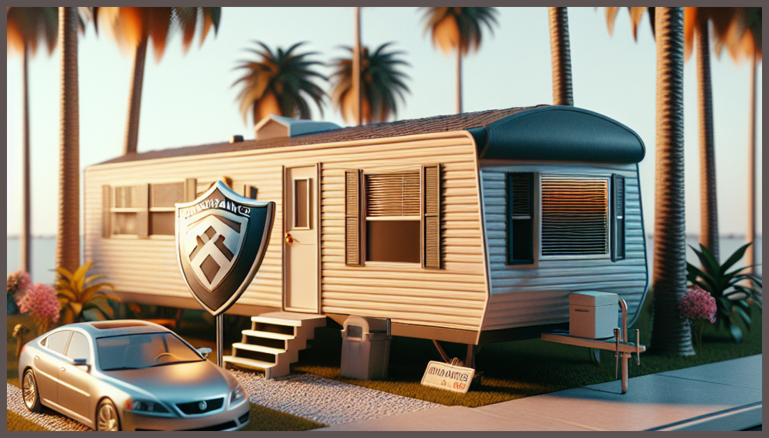A Florida mobile home with insurance symbols, representing trust and reliability.