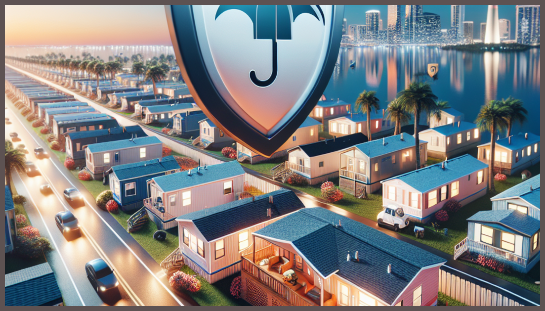 A detailed view of mobile homes with insurance symbols, depicting Florida's landscape.